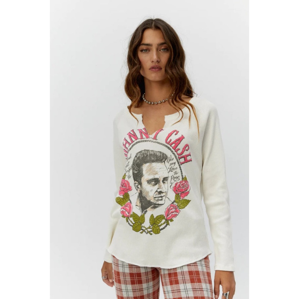 New Daydreamer Johnny Cash Roses Notch neck waffle knit thermal